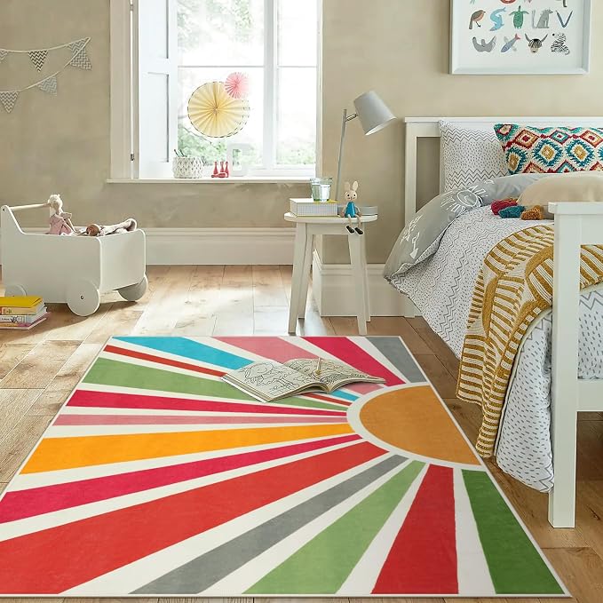 STARUIA Kids Rug 5'x7', Boho Washable Rainbow Nursery Rug, Non-Slip Soft Carpet for Playroom, Classroom, Office, Dining Room