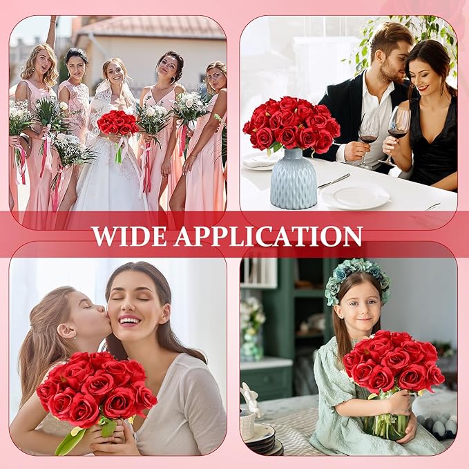 Jexine 240 Pcs Artificial Rose Flowers Bouquet Silk Realistic Flowers Bulk Centerpieces DIY Bride Fake Rose for Home Bridal Wedding Party Decorations(Red)