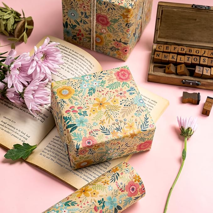 WRAPAHOLIC 30 Inch Kraft Floral Wrapping Paper Roll - 30 Inch x 33 Feet - Spring Summer Garden Flower Design Perfect for Wedding, Bridal Shower, Birthday
