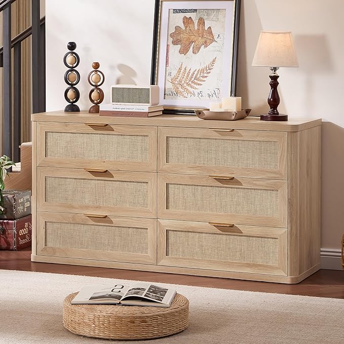 LEYAOYAO Rattan 6 Drawer Dresser for Bedroom, Boho 54" Wide Natural Wood Dresser Chest of Drawers, Dressers TV Stand with Metal Handle, Storage Dressers Closet Organizer for Living Room, Hallway