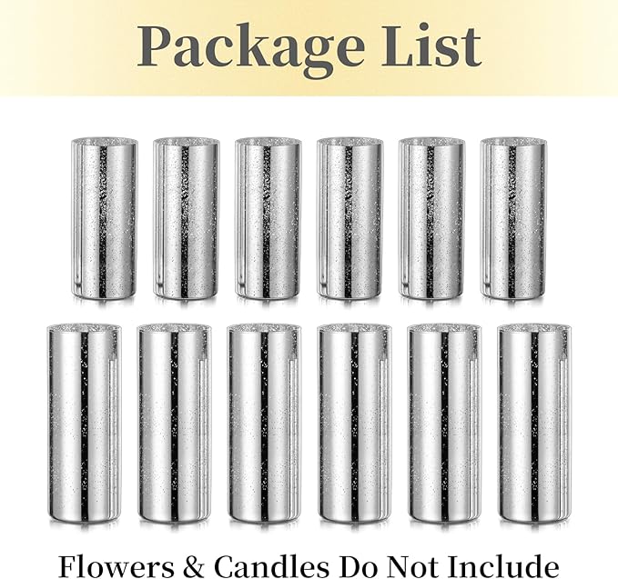 Glass Cylinder Vases Set of 12, Hewory Glittery Silver Vase for Centerpieces, Glass Hurricane Candle Holders for Pillar Floating Candle, Round Tall Vase for Wedding Anniversary Events Home Table Decor
