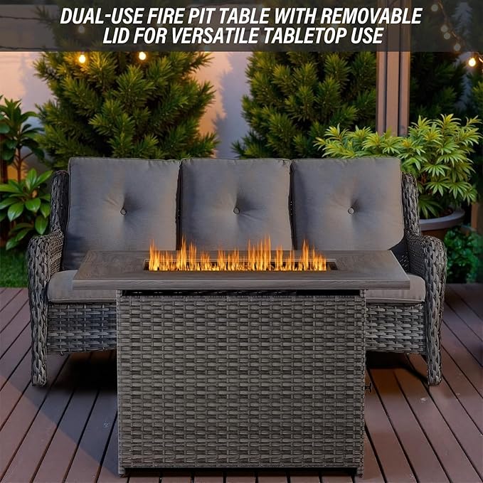 Belord 50000 BTU Propane Fire Pit Table with Lid and Lava Rock, 41 inch Rectangular Outdoor Firepit Wicker Furniture, Fireplace Table Perfect for Relaxed Outside Patio Backyard Ambiance, Gray