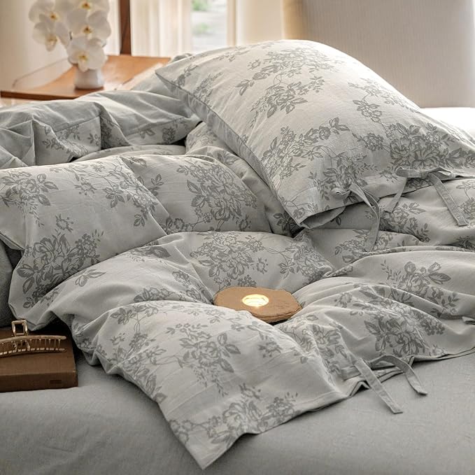 VM VOUGEMARKET Jacquard Floral Duvet Cover Queen Gray Bedding Set, Linen Cotton Yarn-Dyed Comforter Cover 90"x90" with 2 Pillowcases,Soft Breathable,Gray