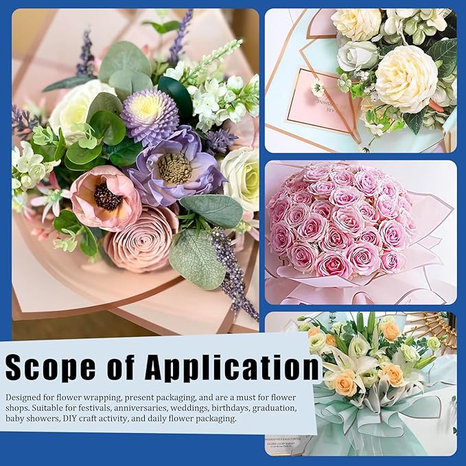 Glarks 52pcs Flower Wrapping Paper Set, Including 40 Sheets Pink and Blue Waterproof Bouquet Wrapping Paper, 10pcs Floral Pick Card Holders, 1 Roll Ribbon and 1pcs Pink Scissors for Flower Shop