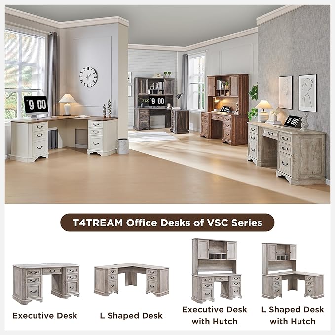 T4TREAM 59" Farmhouse Executive Desk with Drawers,Wood Home Office Computer Desk, Featuring Keyboard Tray,Charging Station,File Drawer, Storage Cabinet,for Work and Study (Light Rustic Oak)