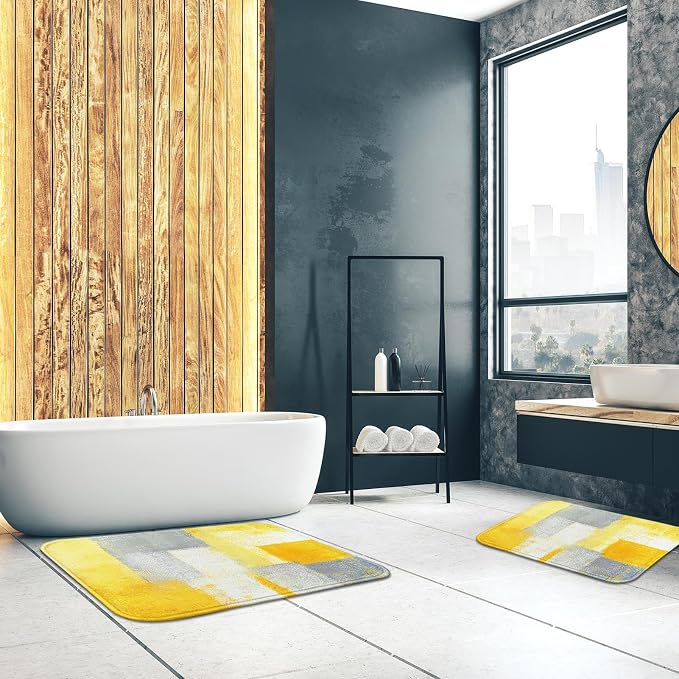 Britimes Bath Mat for Bathroom Yellow Gray Abstract Graffiti Geometric Bath Rug Floor Mat Bathroom Decorations 16x24 Inches for Kitchen Bedroom Indoor