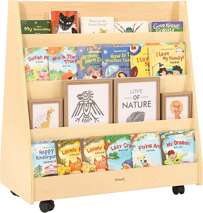 4-Tier Kids Bookshelf, Double-Sided Book Shelf for Kids Rooms, Toddler Book Rack Organizer with Wheels, Wooden Montessori Bookshelf & Book Storage Display for Classroom, Preschool, Nursery