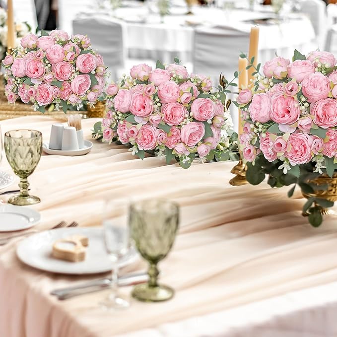 SOMYTING Artificial Peony Flower, Silk Peonies Bouquet Fake Flowers Faux Floral Arrangements Dining Table Centerpieces for Home Kitchen Bridal Wedding Party Decor (Light Pink, 2PCS)