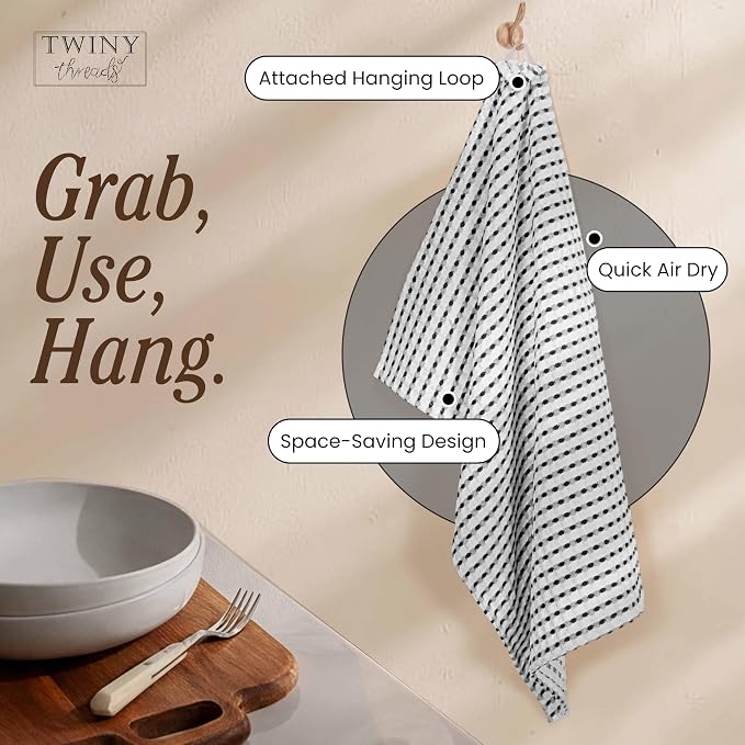 TWINY threads Waffle Kitchen Towels Set of 4, Large 16x26 Inches, 100% Cotton Absorbent Dish Cloths, Fast Dry & Machine Washable Waffle Weave Towel for Cooking, Baking & Cleaning, Black and White