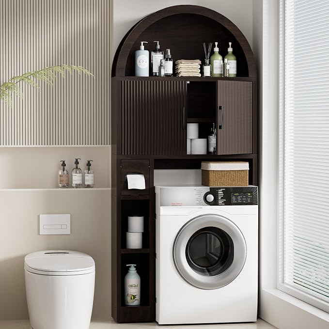 Spurgehom Over The Toilet Storage Cabinet, Bathroom Shelf Organizer Freestanding, Bathroom Arch Cabinet Over Toilet with Toilet Paper Holder and Anti-Tipping Device (Coffee)