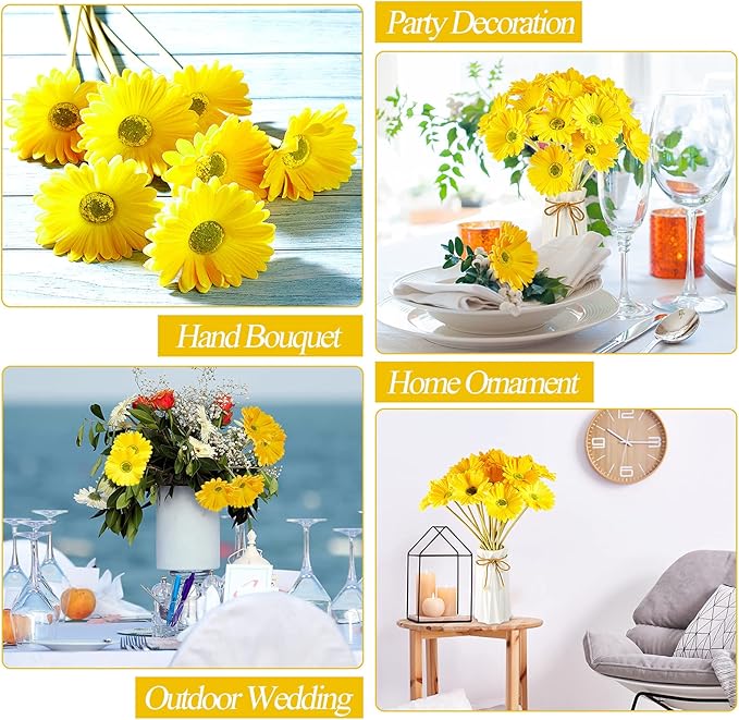 WILLBOND 18 Pieces Artificial Gerbera Daisies Flowers Fake Daisy Faux Boho Daisy Flowers Bouquet 15 in for Boho Birthday Decorations Wedding Home Decor (Yellow)