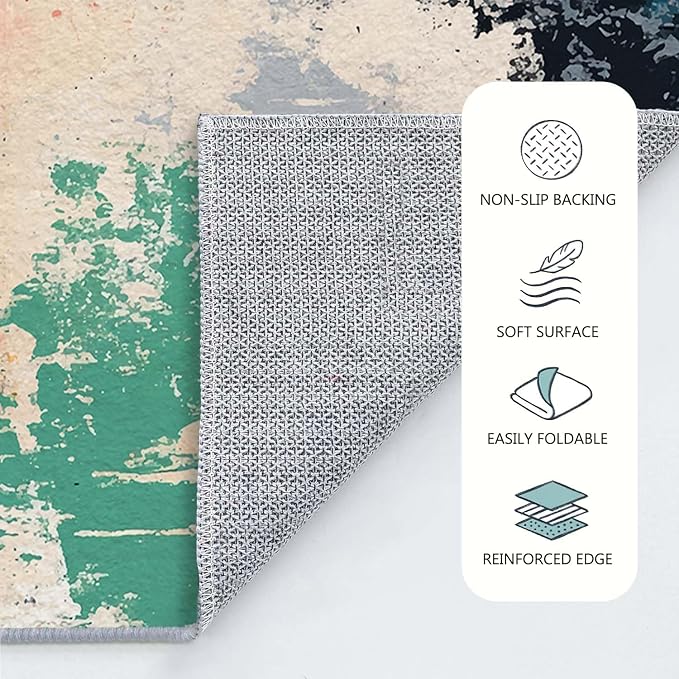 5x7 Colorful Area Rug Modern Abstract Beige Orange Yellow Pink Blue Black White Grey Rug Bedroom Low Pile Thin Large Carpet Living Room Non Slip Dining Room Stain Resistant Office Washable Machine