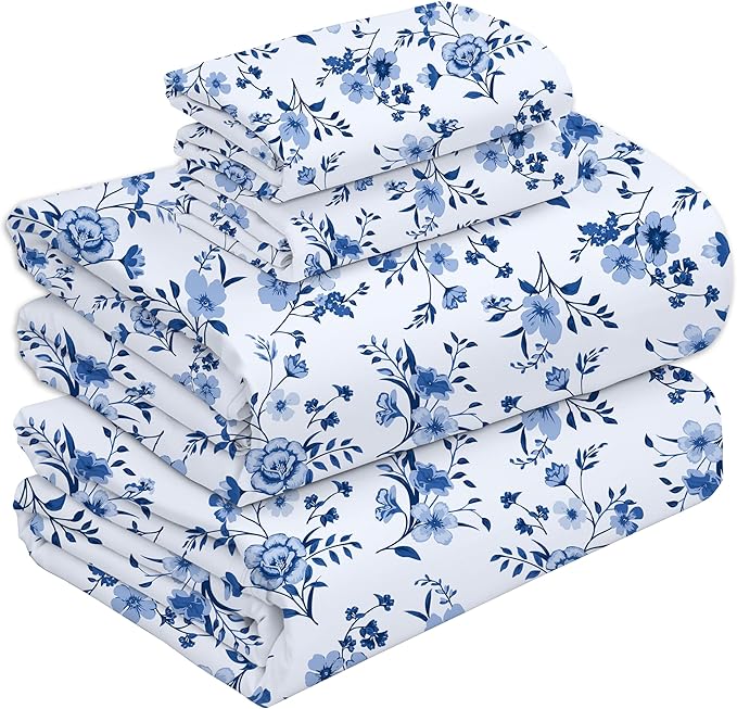 RUVANTI 100% Cotton Split King Sheets Sets for Adjustable Bed, 5 PCs, Soft & Breathable Percale Weave Bedding, Deep Pocket 16", Hotel Standard, Crisp Cool Feel & Durable, Floral Sheet, Annual
