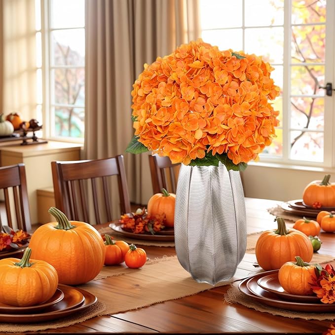 Kimura's Cabin 5Pcs 21inch Real Touch Artificial Hydrangea Flowers Realistic Latex Hydrangeas Long Stem with Leaves Hydrangea Bouquet for Home Wedding Baby Shower Birthday Party Decoration(Orange)