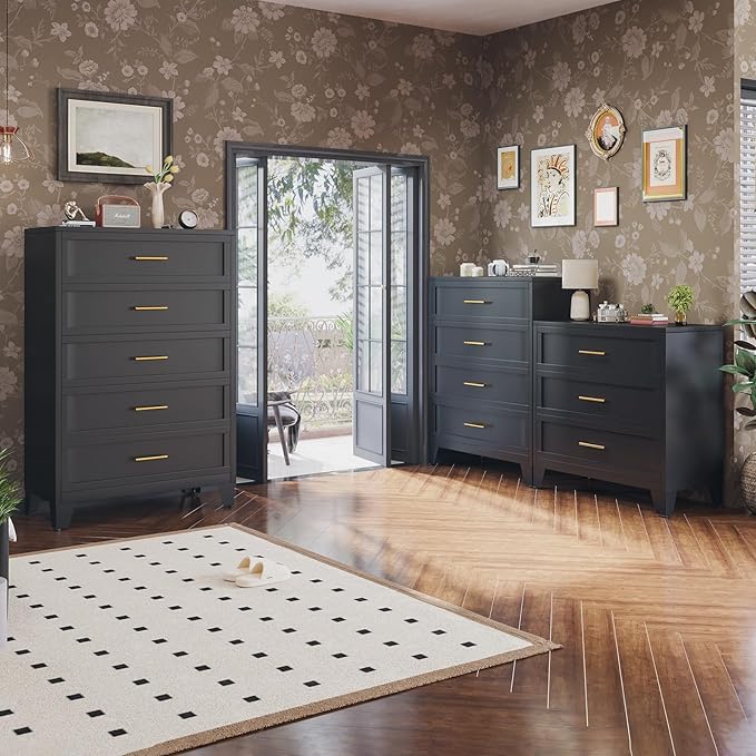 43.11" Tall Metal Dresser for Bedroom, 4 Drawer Black Dresser Chest with Gold Handles, Closet Dressers Chests with Fluted Panel, Vertical Storage Cabinet for Living Room, Entryway, Hallway