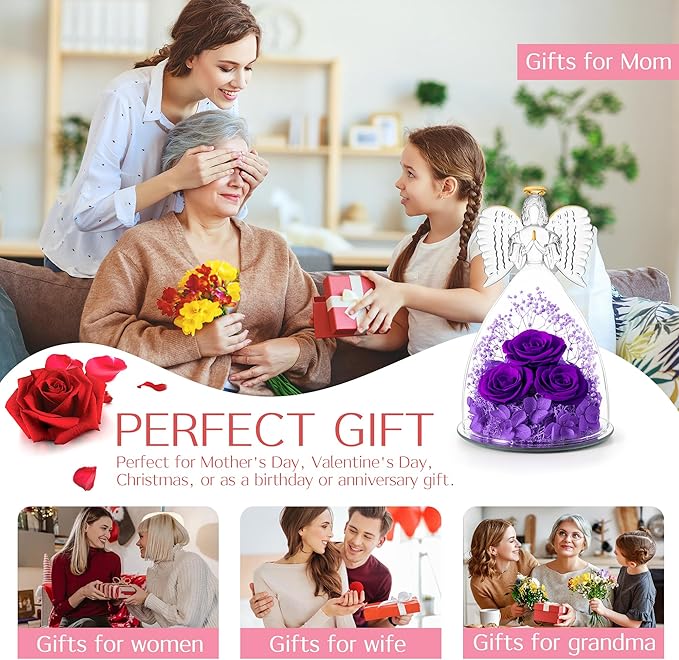 Christmas Flowers Gifts for Grandma Mom,Forever Real Roses in Angel Figurines,Christmas Roses Gifts for Women Wife Mother in Law/Purple