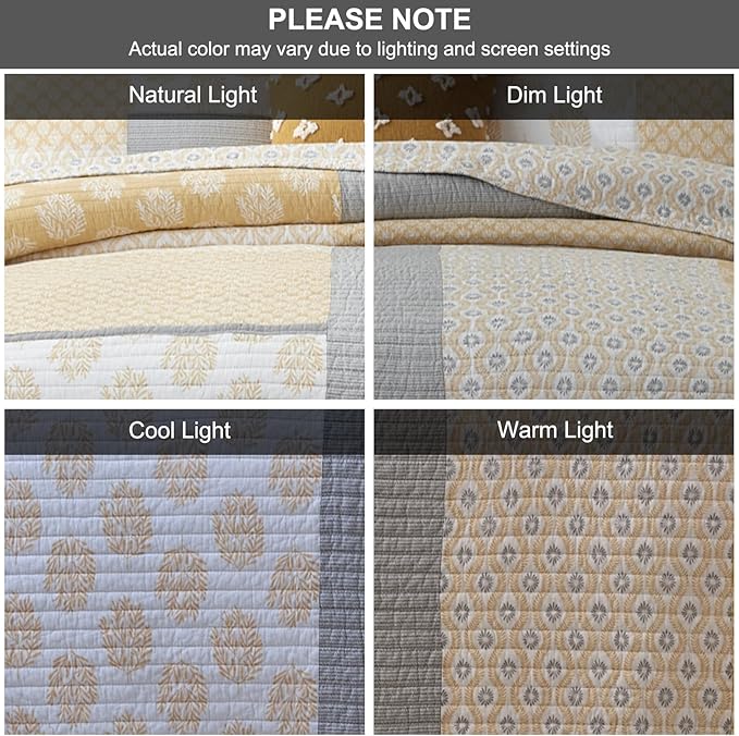 PANGUSHAN Twin Quilt Set,100% Cotton Patchwork Quilt Set Bedspread,Yellow Floral Quilt Bedding Set for Twin Bed,Gray(Grey)/Yellow/White Reversible Lightweight Comforter Bed Spread,2 Pieces