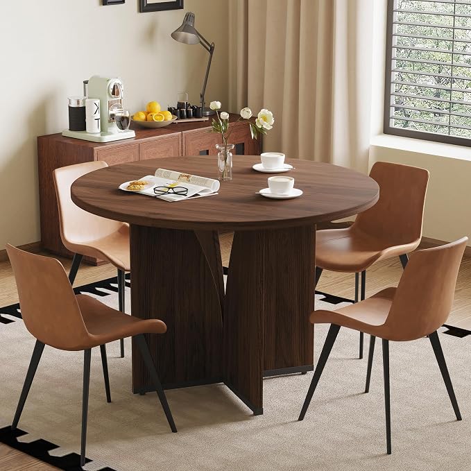 HIPIHOM Modern Round Dining Table Set for 4, 39.4" Walnut Kitchen Table with 4 PU Leather Chairs, 5-Piece Mid-Century Dining Room Set for Small Spaces, Pedestal Base