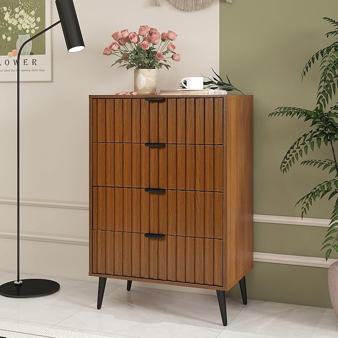 Fluted Dresser for Bedroom with 4 Drawers, 24'' Wide Modern Dresser with Metal Handle, Natural Wood Dressers Organizer with Blister Drawers for Bedroom, Brown