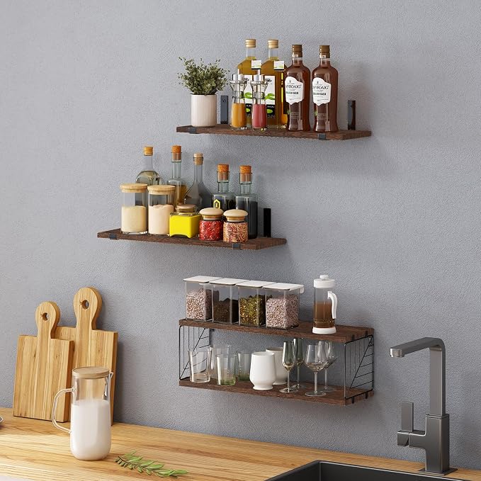 Fixwal Bathroom Floating Shelves Over Toilet, 15.8in Farmhouse Rustic Wood Shelves, Wall Decor for Bathroom, Living Room, Bedroom and Kitchen (3 Plus 1 Tier Dark Brown)