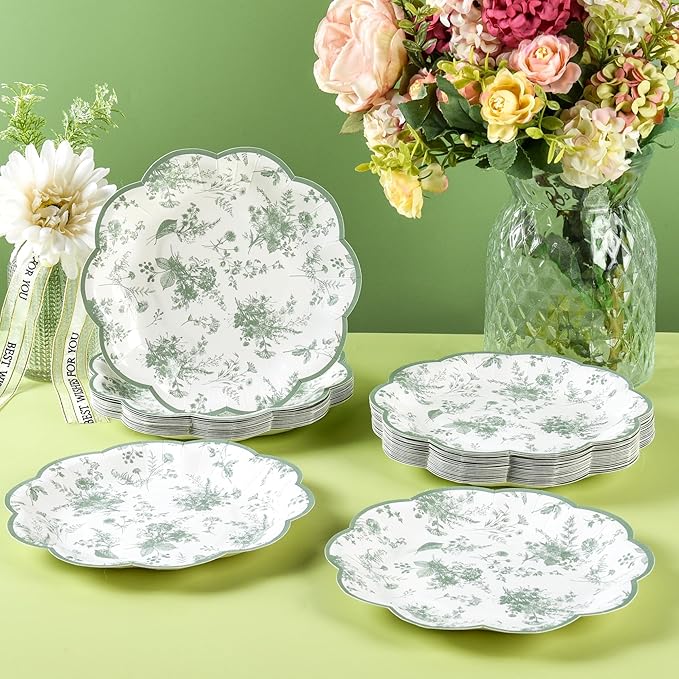 24Pcs Sage Green Floral Party Plates Vintage Floral Leaf Disposable Paper Plates Wildflower Toile 7" Scalloped Rim Dessert Plate for Christmas Birthday Bridal Tea Party Supplies
