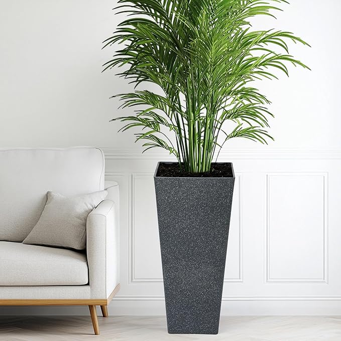 28" Plant Pots Tall Planters for Plants Outdoor Set of 2 Plastic Planter Pot Large Flower Pots Indoor Weather-Resistant for Patio, Porch, Garden, Front Door Christmas Decor Terrazzo Black