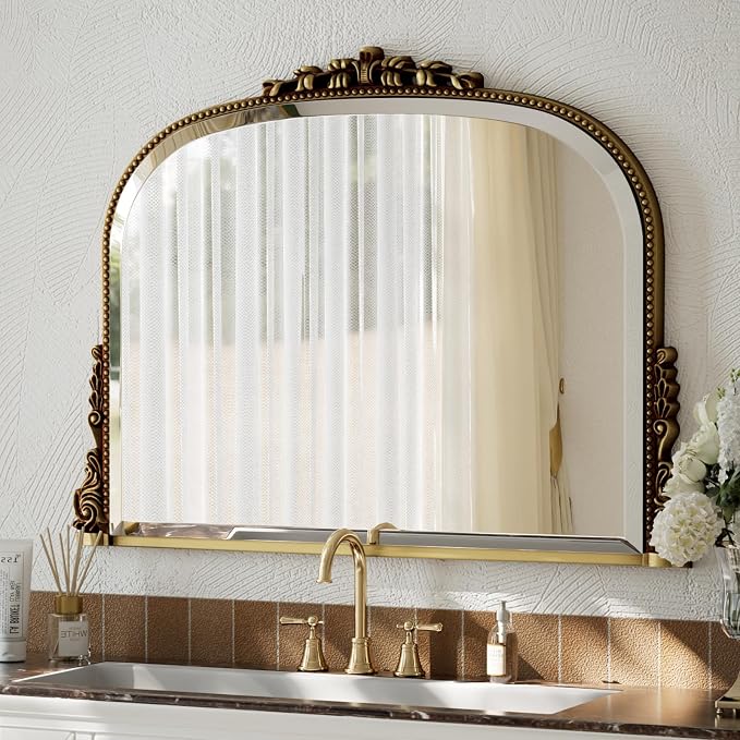 Wall Beaded Mirror, 44 x 32 Inch Round Top Right Angle Wall Mirror, Tempered Glass, Rust Resistant, Horizontally or Vertically Hanging, Gold