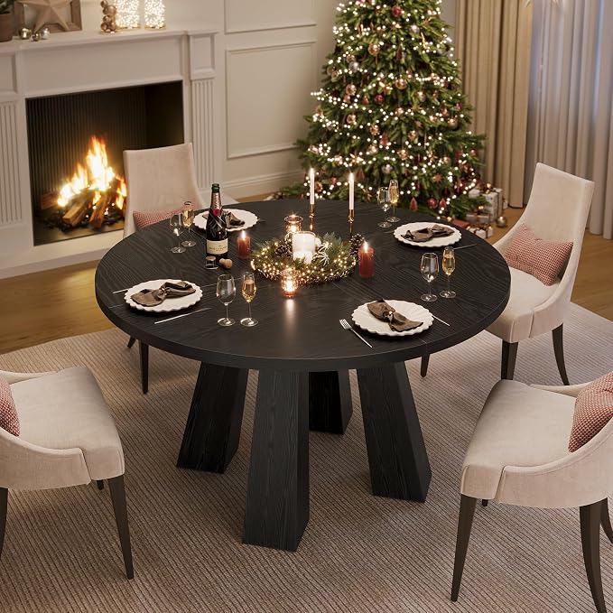 IDEALHOUSE 47" Round Dining Table for 4-6, Wood Kitchen Table with Sturdy Base, Farmhouse Circle Dinner Table for Dining Room, Living Room, 4 Strong Legs, Black