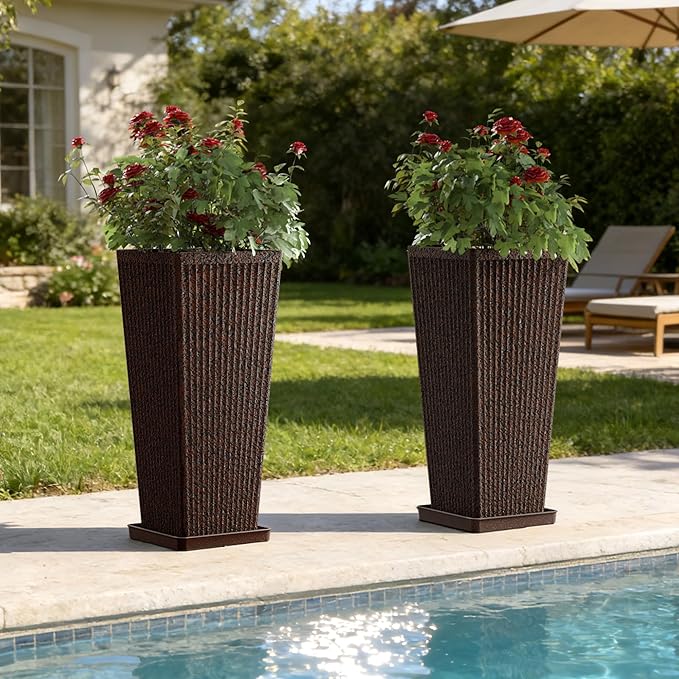 Square Tall Planters for Outdoor Plants Set of 2-23.6" Heavy-Duty Classic Tapered Indoor Flower Pots with Drainage Holes/Partition/Tray, Large Outdoor Planters for Porch Patio Garden, Brown