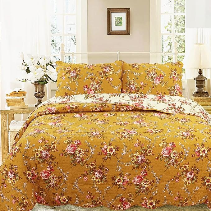 Cozy Line Home Fashions Perry Mustard Yellow Floral Blooming Flower Printed 100% Cotton Vintage Quilt Bedding Set Reversible Coverlet Bedspread (Camellia, Queen - 3 Piece)