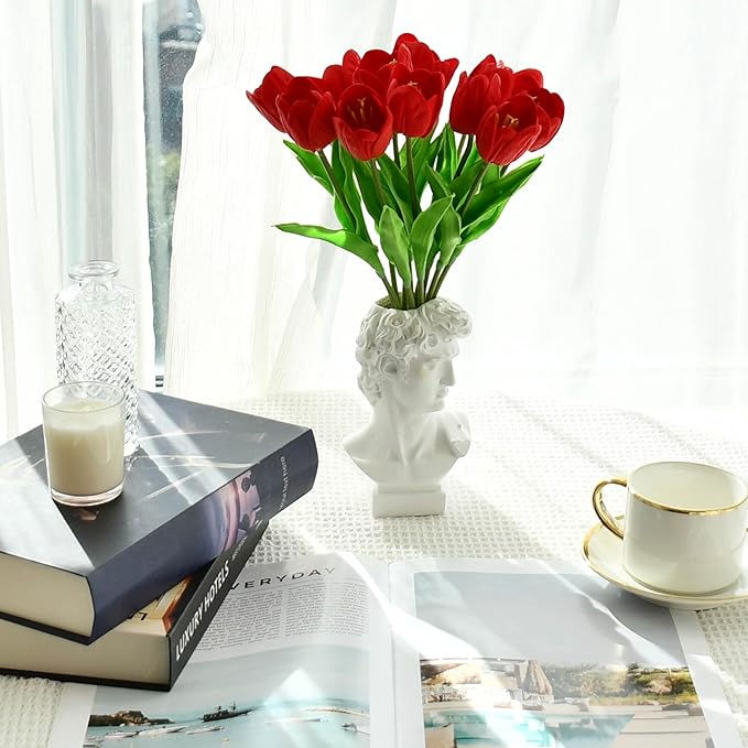 Mandy's Artificial Tulips 12 Stems Red Partially Open PU Faux Flowers for Wedding Home Decor 13.5 Inch