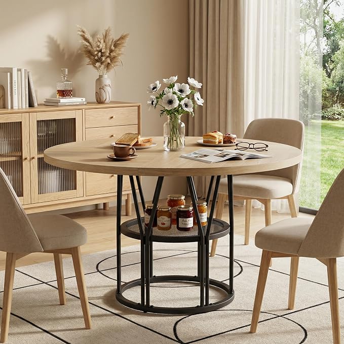 Garvee Round Dinning Table for 4-6 - 47" Circle Dinner Table with Storage Shelf & Sturdy Metal Frame, Modern Breakfast Tea Desk for Kitchen, Living Room, Apartment, Office, Natural