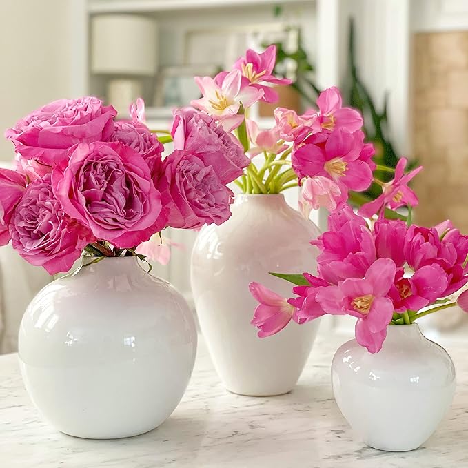 Willowy 7.5 Inch Large White Ceramic Vase with Glossy Finish - White Vases for Flowers, Round Vases for Decor, for Flower, for Pampas Grass