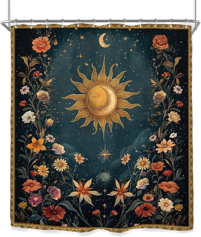 Miyotaa Celestial Sun Moon Shower Curtain Set 60Wx71H Inches Vintage Night Aesthetic Mysterious Witchy Polyester Waterproof Cloth Bathroom Curtain with 12 Hooks