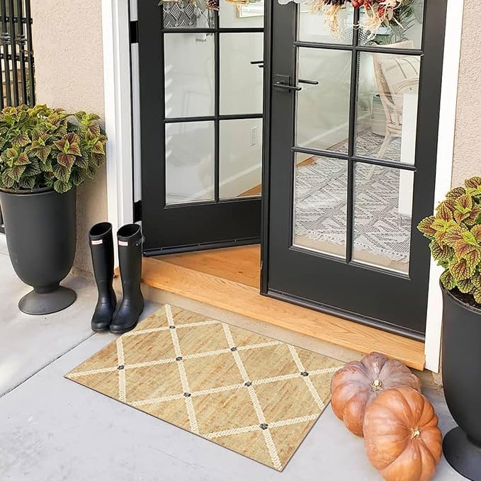 Front Door Mat Indoor - 2x3 Non-Slip Front Door Rug Washable Doormat Indoor Outdoor Entrance Woven-Look Beige Farmhouse Geometric Small Throw Rugs for Entryway Bedroom Kitchen Laundry Room