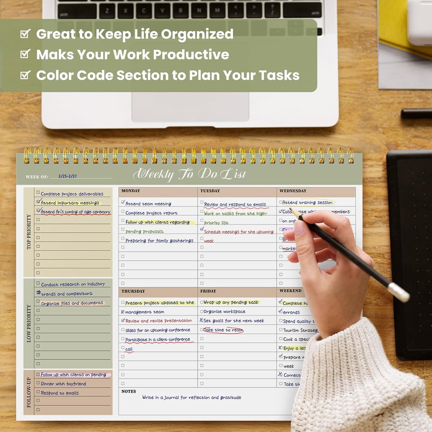 Skiennix Weekly To-Do List Notepad - 52 Undated Sheets | 8.5" x 11" | Office Desk Planner in Forest Shades