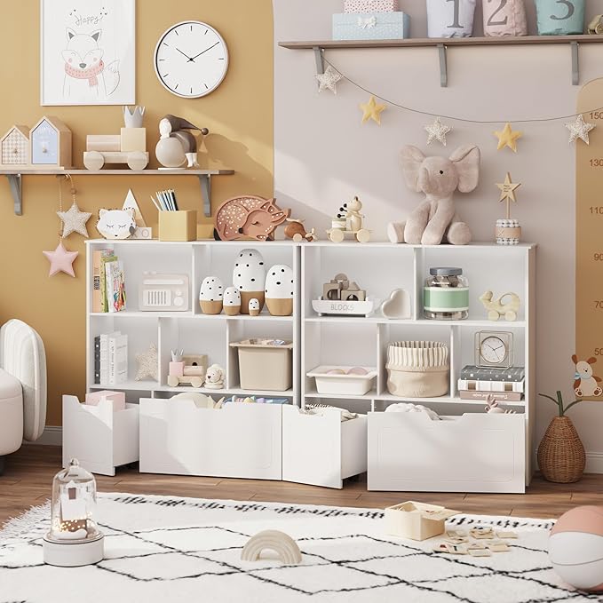 Toy Storage Organizer with 2 Movable Drawers, 3-Shelf Kids Bookcase Children's Toy Chest Cabinet for Playroom Bedroom Daycare Nursery School, 5 Cubes Montessori Bookshelf
