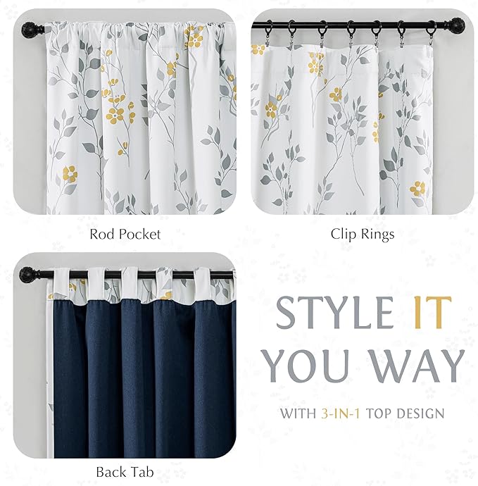 Beauoop Floral 100% Blackout Curtains 63 Inch Length 2 Panels for Bedroom Living Room Yellow Grey and White Flower Patterned Room Darkening Thermal Soundproof Rod Pocket Back Tab Window Drapes, 52X63