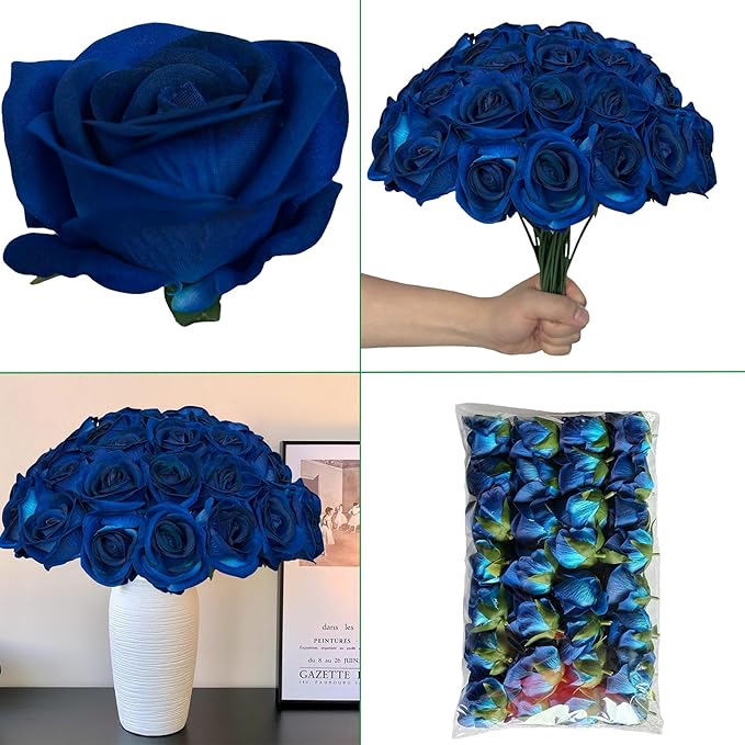 FagusHome 30 Pcs Silk Rose Artificial Flowers Roses Bulk Bouquet Fake Flowers Rose Heads with Stems for Home Wedding Decor (Dark Blue)