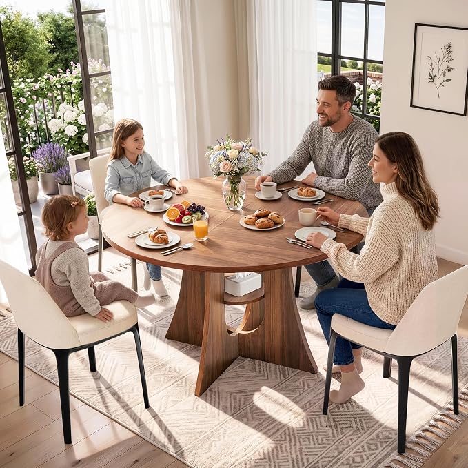 47" Round Dining Table for 4-6, Space-Saving Dining Room Table with Thick Tabletop and Sculptural Base, Wood Grain Dinner Table with Storage Shelf for Kitchen, Dining Room, Living Room, Walnut