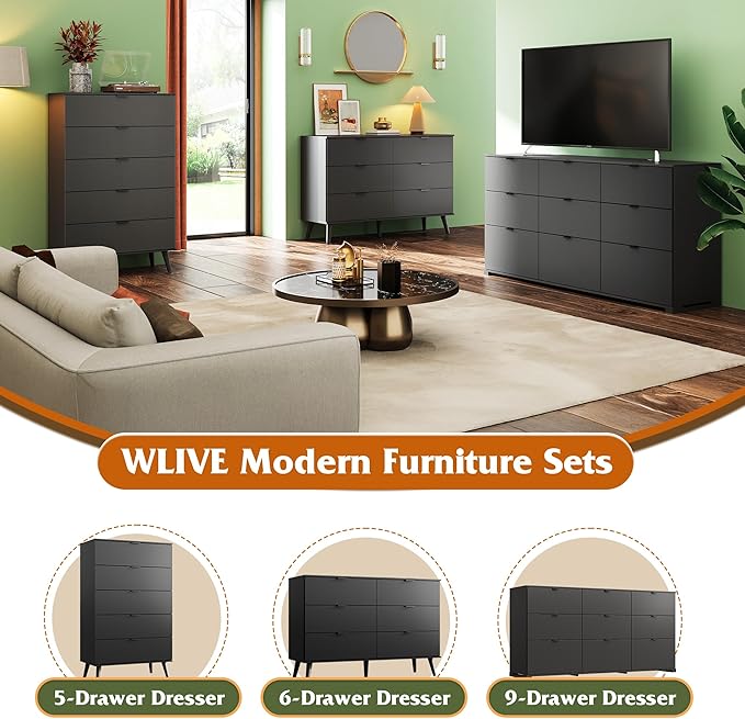 WLIVE 5 Drawer Dresser for Bedroom, Tall Wooden Dresser, Black Dressers Storage Organizer with Sturdy Metal Handle, Chest of Drawers for Living Room, Hallway, Closet