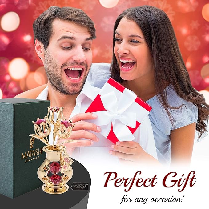 Beautifully Crafted Tulips in A Vase Table Top Ornament Dipped in 24k Gold Plating Made with Genuine Matashi Crystals (Butterfly, Red Crystal)