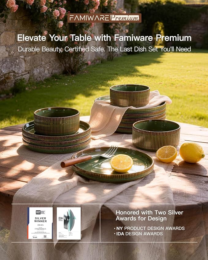 Stoneware Plates and Bowls Dishes Sets Service for 6 (18-Piece), Famiware Premium Handcrafted Reactive Glaze Dinnerware Set with Raised Rim, Scratch Resistant, Microwave Dishwasher Safe, Moss