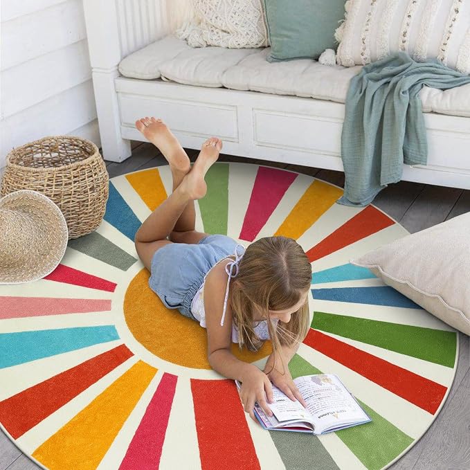STARUIA Round Boho Rug 6 Ft Washable Round Area Rug for Playroom, Sunshine Circle Rug for Kids Room, Non-Slip Circluar Rainbow Carpet Soft Large Kids Rug for Classroom Dorm Bedroom