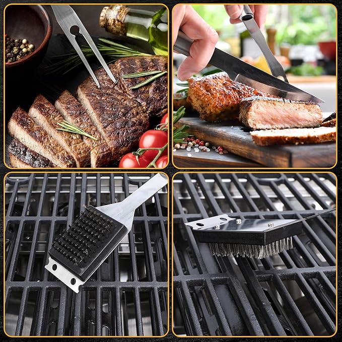 BBQ Grilling Accessories, 16-Inch Stainless Steel BBQ Grill Tools Set for Men, Heavy Duty Grilling Accessories Kit for Camping, Kitchen, Extra Thick Barbecue Utensil