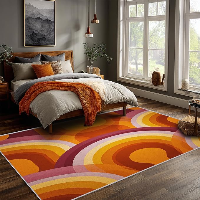 Retro Halo Area Rug 7x9, Mid Century Rainbow Arch Rug, Retro Abstract Carpet for Living Room Bedroom, Soft Non Slip Washable Rug