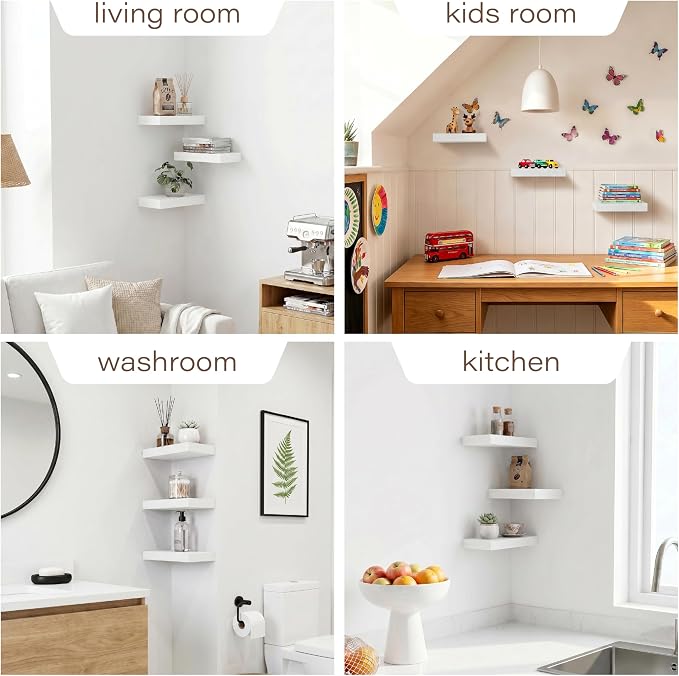 White Floating Shelves for Wall Set of 3, 11.8 Inch Small Wall Shelves for Bathroom Over Toilet, Kitchen & Bedroom Storage, Wall Mounted Shelf Set for Decor, Books & Toiletries