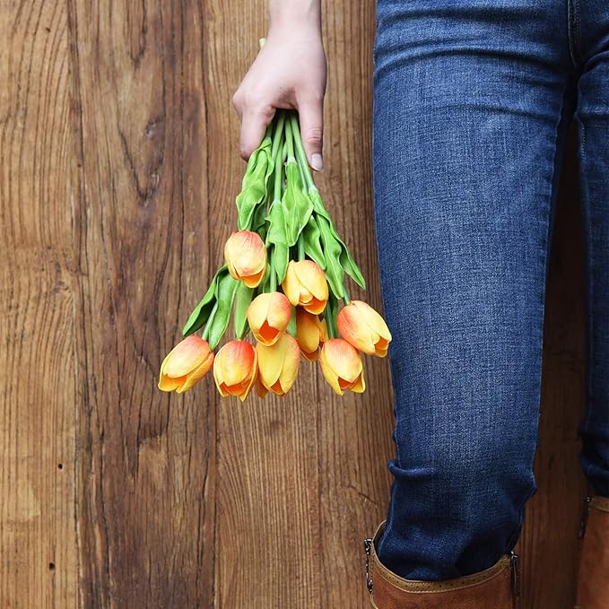 FiveSeasonStuff Real Touch Tulips Artificial Flowers – 15 Stems Faux Tulip Bouquet in Gift Box for Wedding, Home Decor, Party, Floral Arrangements (Sunset Orange)
