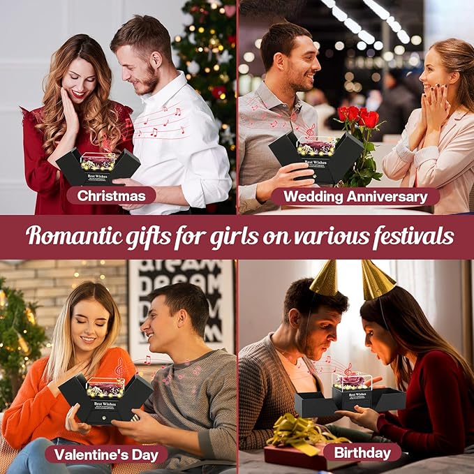 Christmas Birthday Gifts for Women - Preserved Real Rose with I Love You Heart 100-Language Necklace, LED Lights & Music Gift Box, Christmas for Women Girlfriend Mom