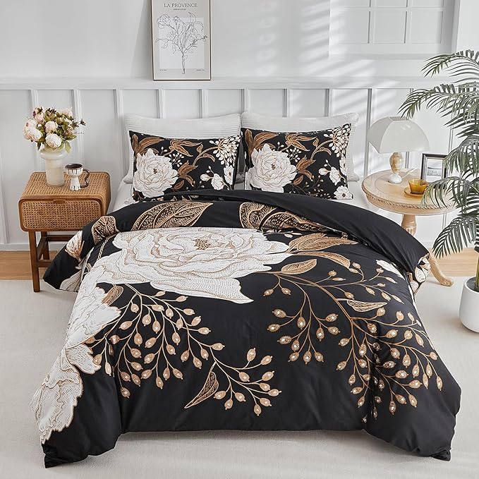 mixinni Black Floral Duvet Cover Twin XL Size, 3 Pieces Garden Style Botanical Flowers Leaves Bedding Set, Soft Cotton Reversible Farmhouse Boho Duvet Cover and 2 Pillowcases for All Season